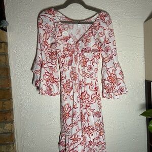 Apricot White Dress with Pink & Coral Floral Print